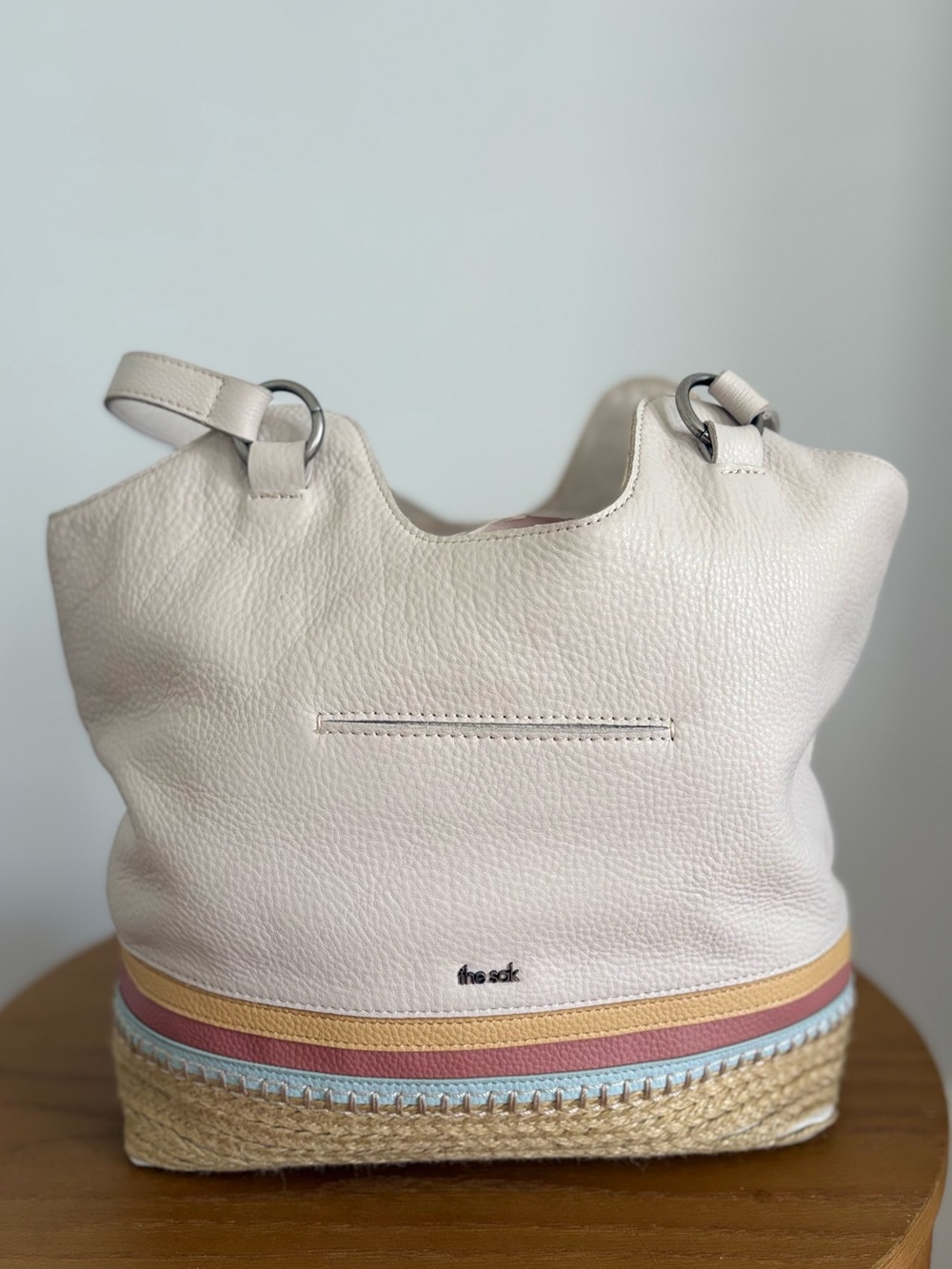 The Sak Cream Leather Tote with Pastel Stripe Trim